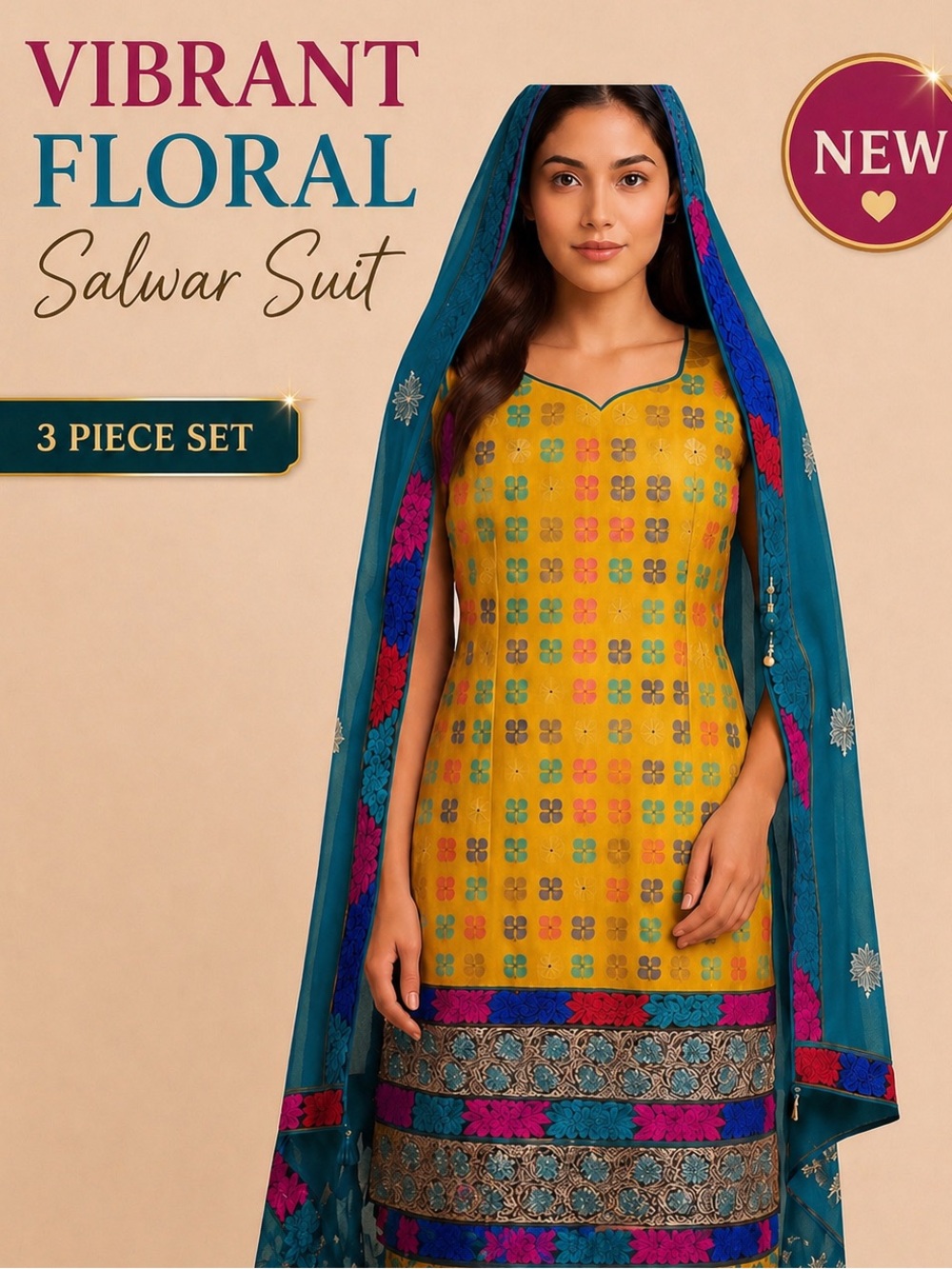 Vibrant Floral Embroidered Salwar Kameez 3 Piece Set Size S New